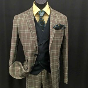 3-piece brown and green plaid suit with black vest