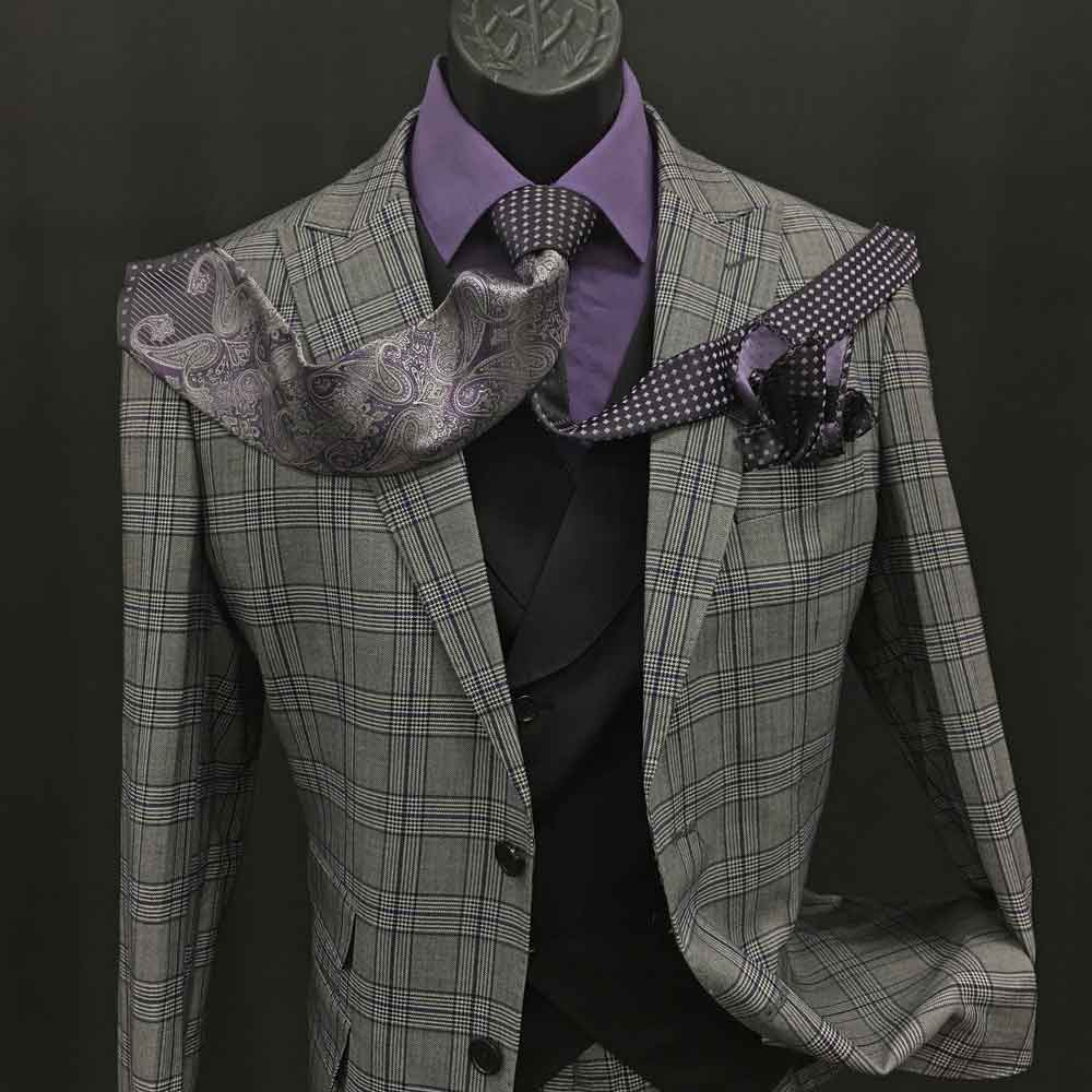 grey plaid suit black shirt