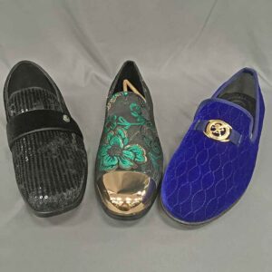 Men's dress shoes black with sequins, gold and green, blue