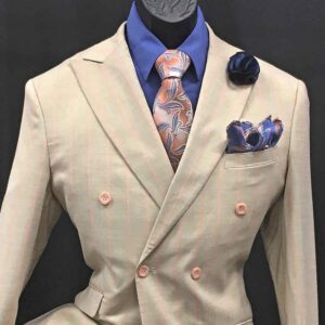 2-pc offwhite double-breasted suit with pink stripes