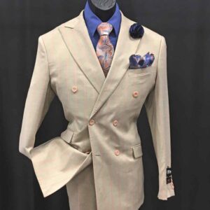 2-pc offwhite double-breasted suit with pink stripes