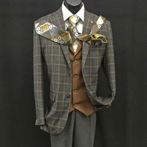 3-piece gray suit with brown checks