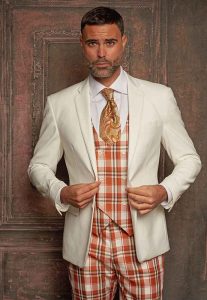 Ivory jacket 3-pc suit with orange plaid vest and pants