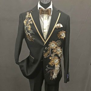 Men In Style Orlando 2-piece Suit - Black-gold lapel