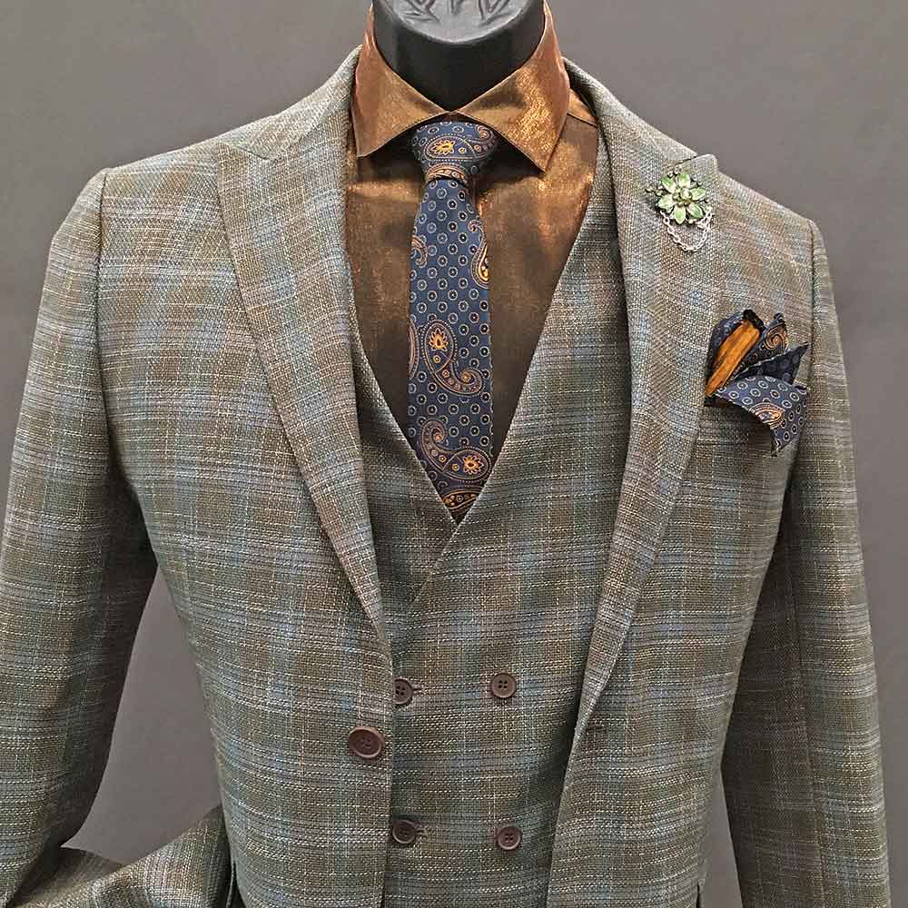 Men In Style Orlando 3-piece Suit - Green Plaid-Copper Shirt