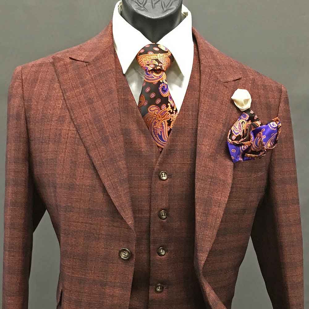 Men In Style Orlando 3-piece Suit - Orange Plaid-6-button-vest
