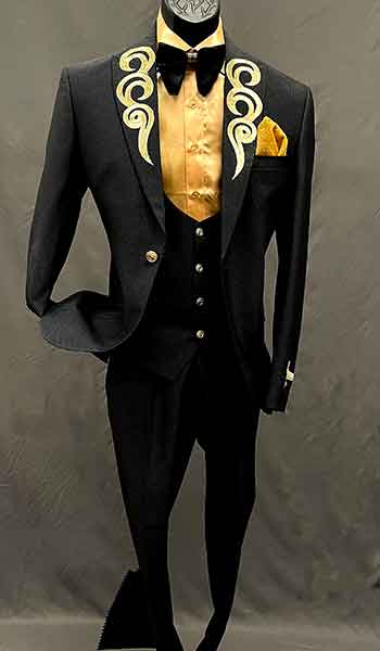3-piece black suit with gold appliques on lapel