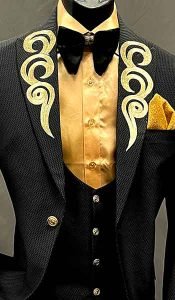 3-piece black suit with gold appliques on lapel