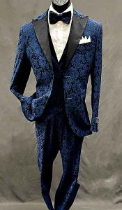 3-piece blue suit with black lapel
