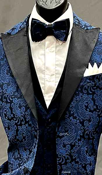 3-piece blue suit with black lapel
