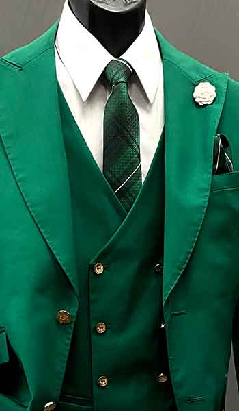 3-piece suit green with double-breasted vest
