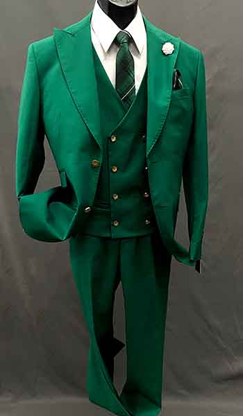 3-piece suit green with double-breasted vest