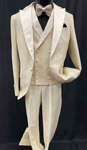 3-piece ivory suit with texture, black shirt