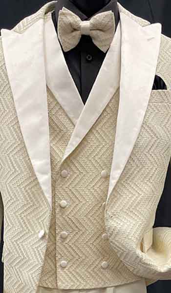 3-piece ivory suit with texture, black shirt