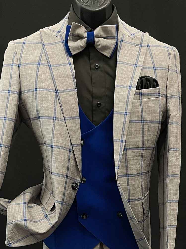 3-Piece Gray Check with Blue Vest