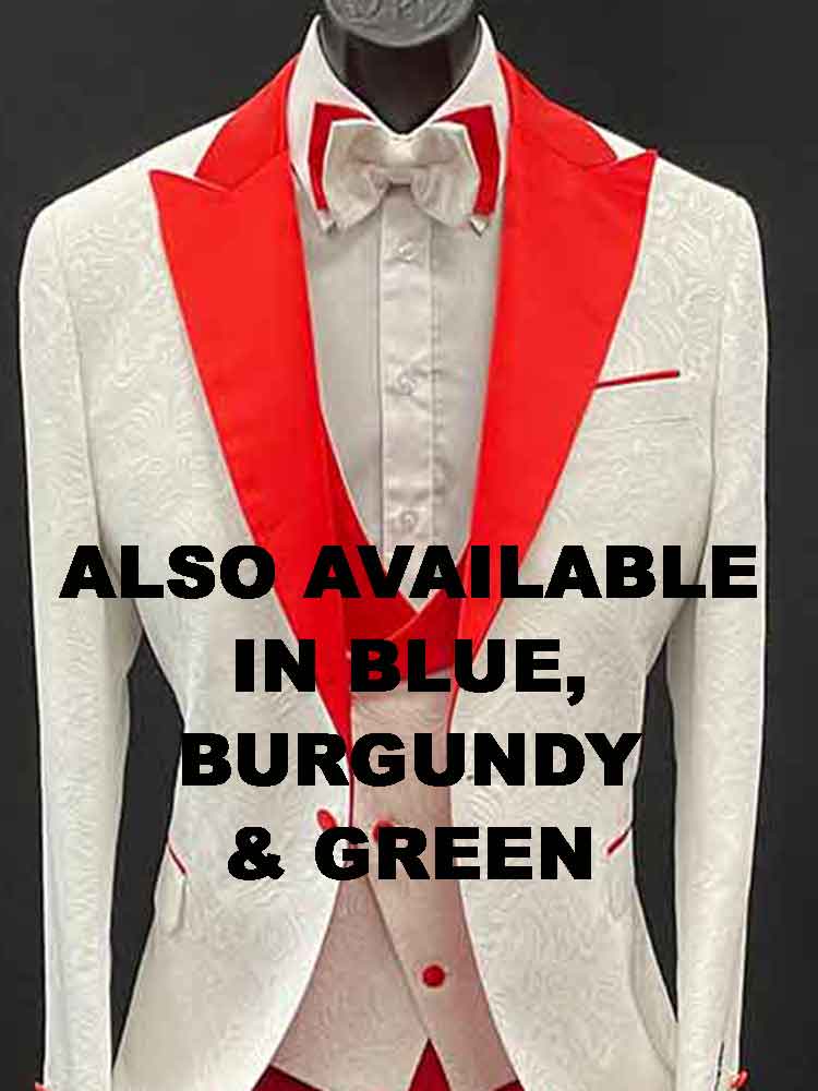 3-Piece White texture red lapels, also available in burgundy, blue and green