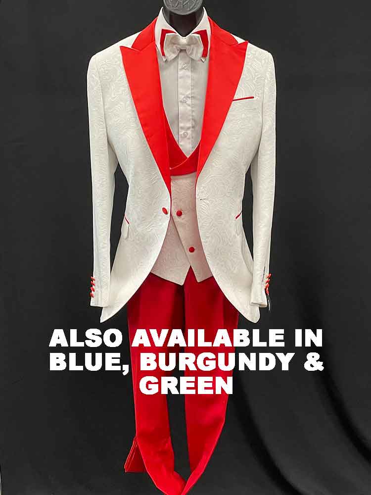 3-Piece White texture red lapels, also available in burgundy, blue and green
