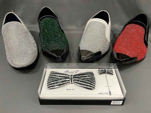 4 shoes shiny silver, green, red