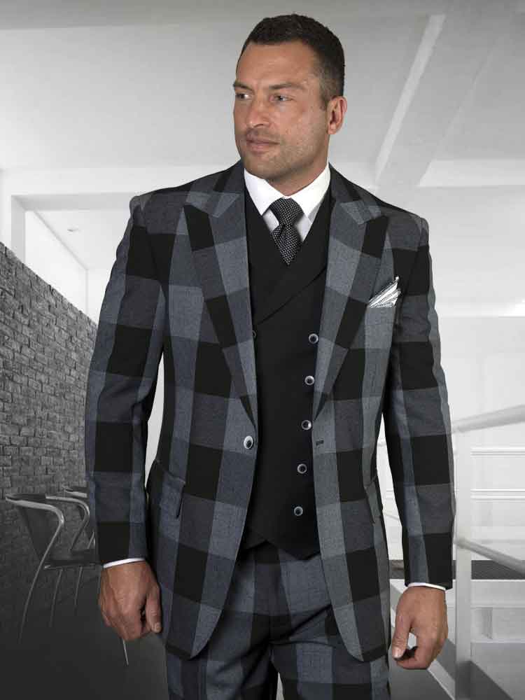 3-piece suit gray and black plaid